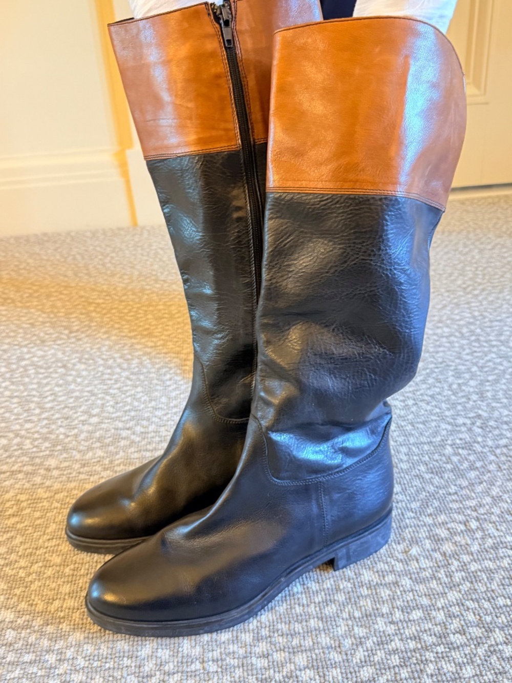FSNY FRENCH SOLE BLACK AND BROWN TALL LEATHER BOOTS - SIZE 41
